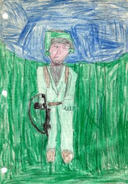 A child's drawing of a soldier

Description automatically generated